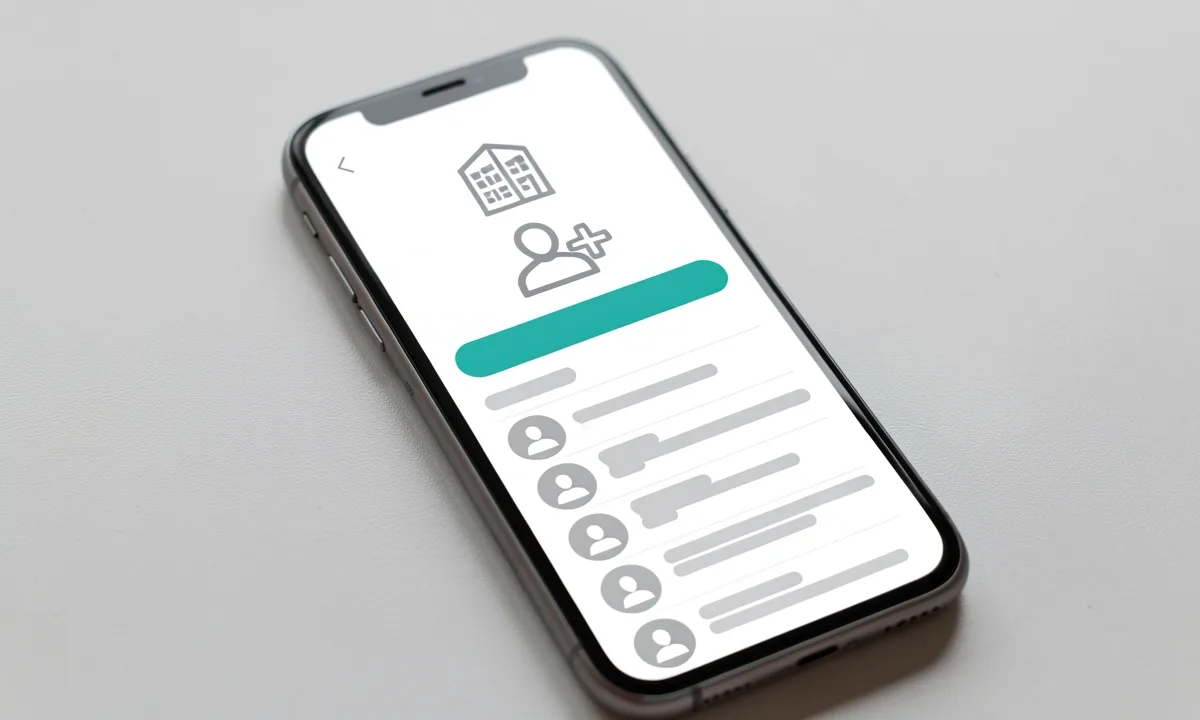 Illustration: a phone showing a company page with a building icon, a people icon with a plus sign and a teal button