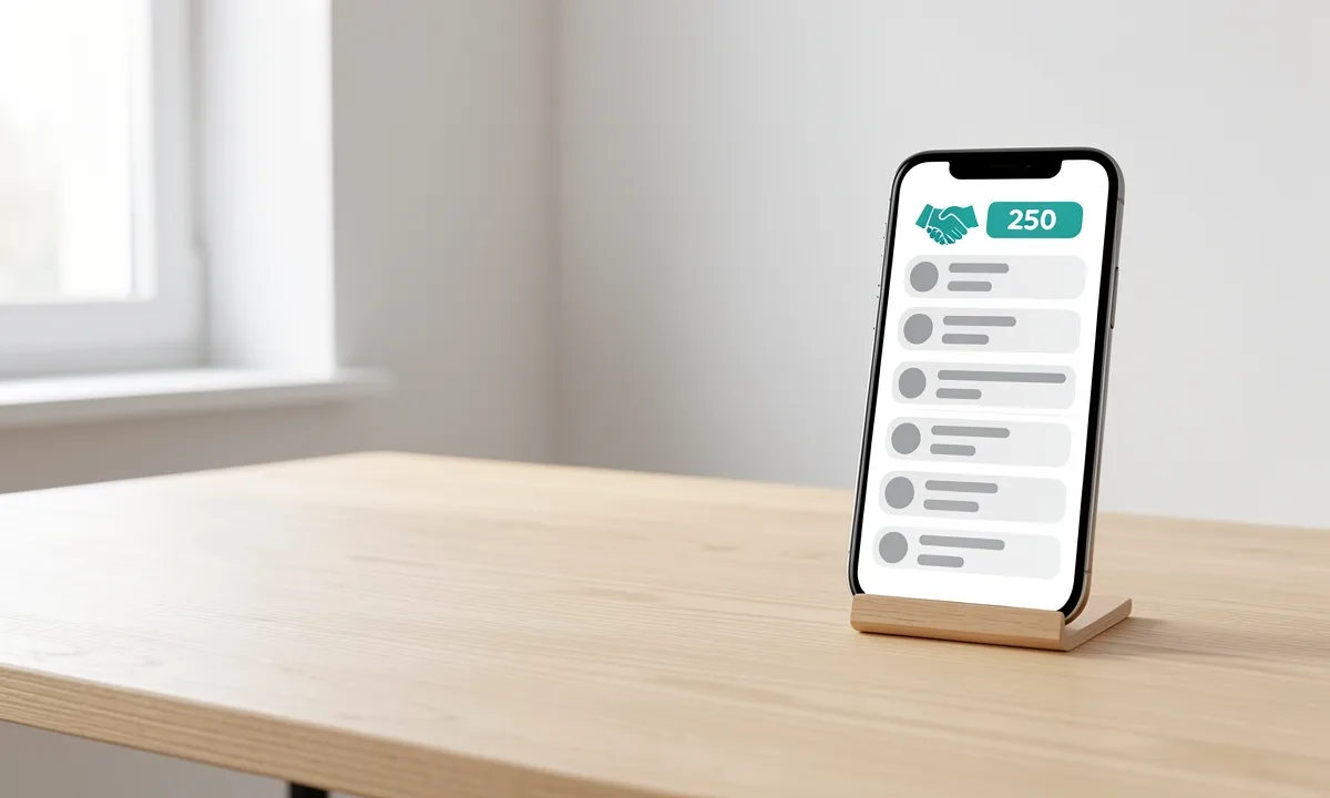 Illustration: a phone on a stand showing a list of invitations with grey avatars and a connection count